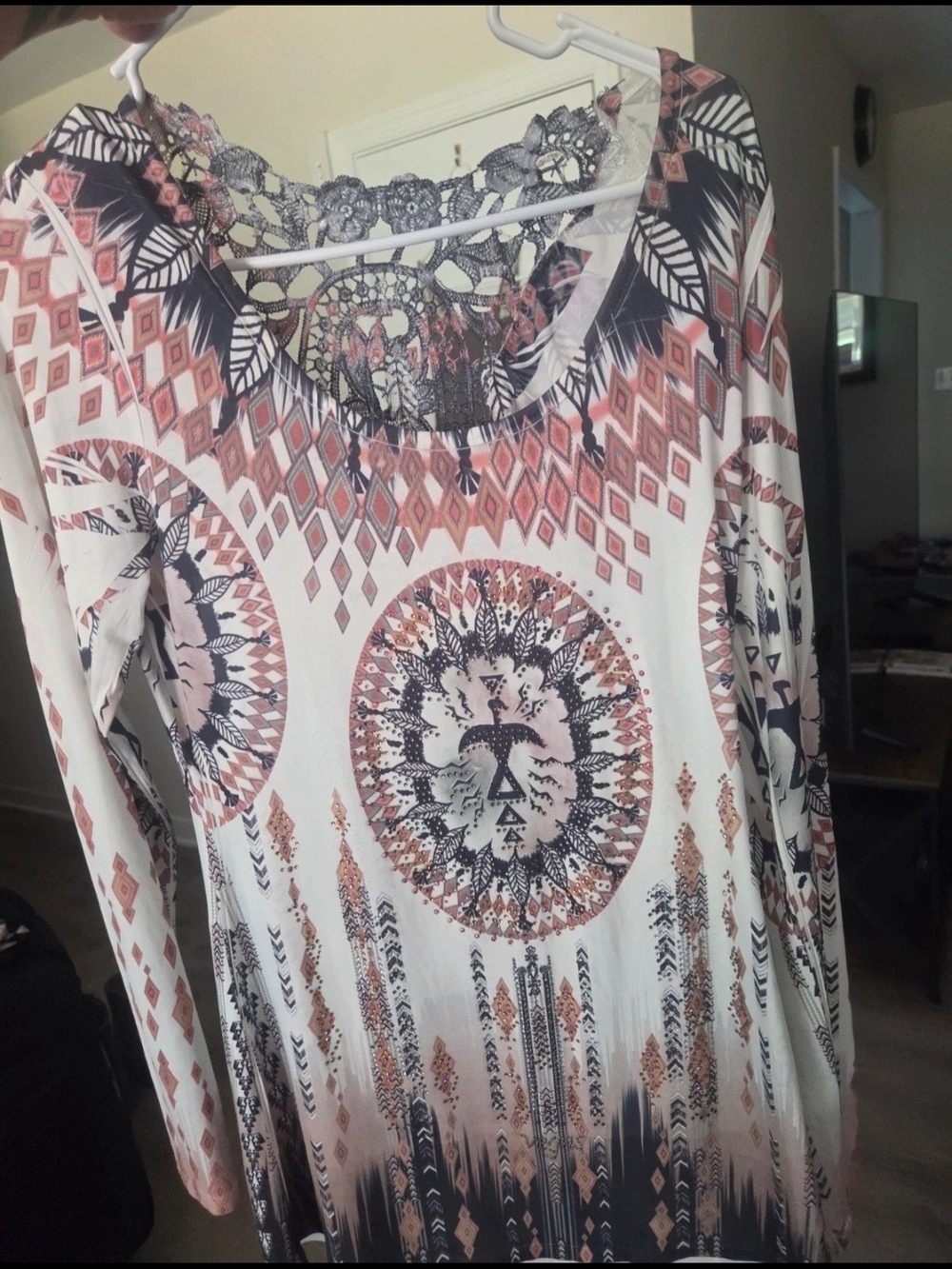 Boho Lace-Back Long Sleeve Top - White with Blush and Navy Print
